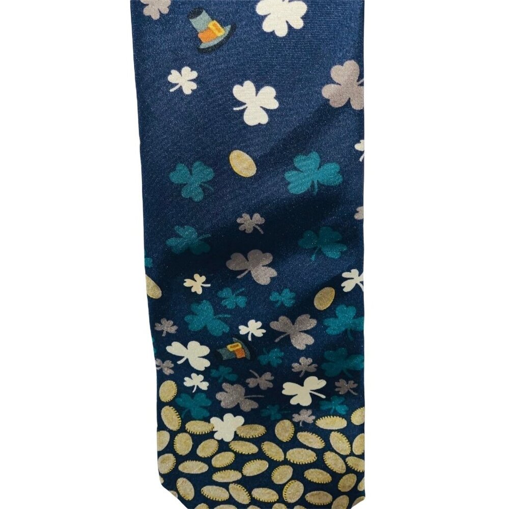 Wembley St. Patricks Day Navy Silk Tie With Shamrock & Gold Coin Design - Picture 3 of 5